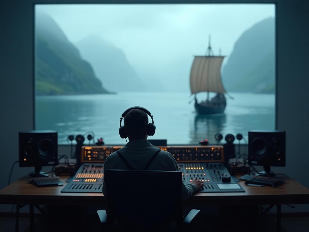 En moderne audio-produsent som arbeider i et studio med et bakteppe av en tåkeomsluttet norsk fjord og et subtilt vikinglangskip i bakgrunnen, symboliserer fortidens historier og fremtidens teknologi.